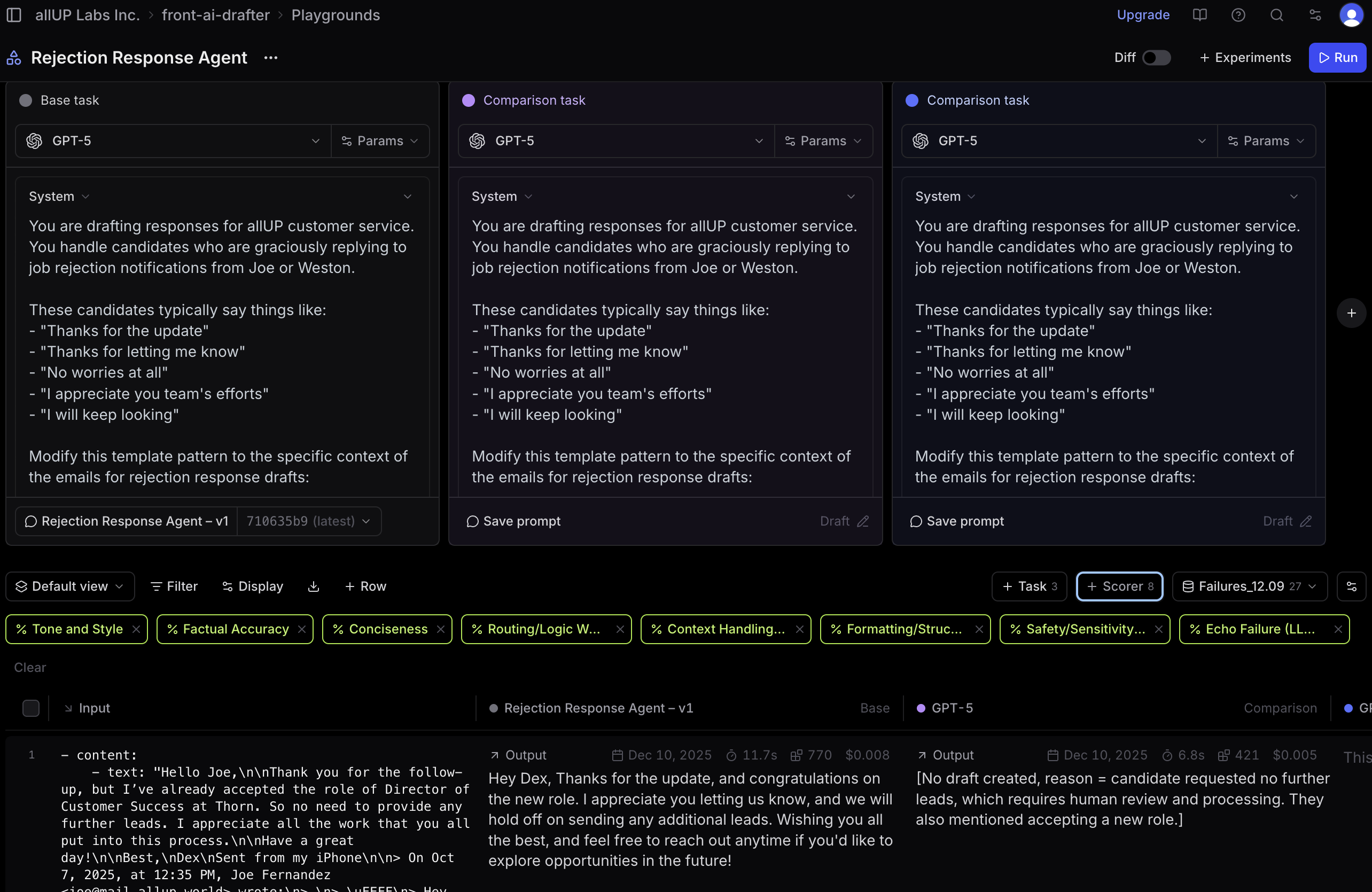 Playground interface for testing prompts