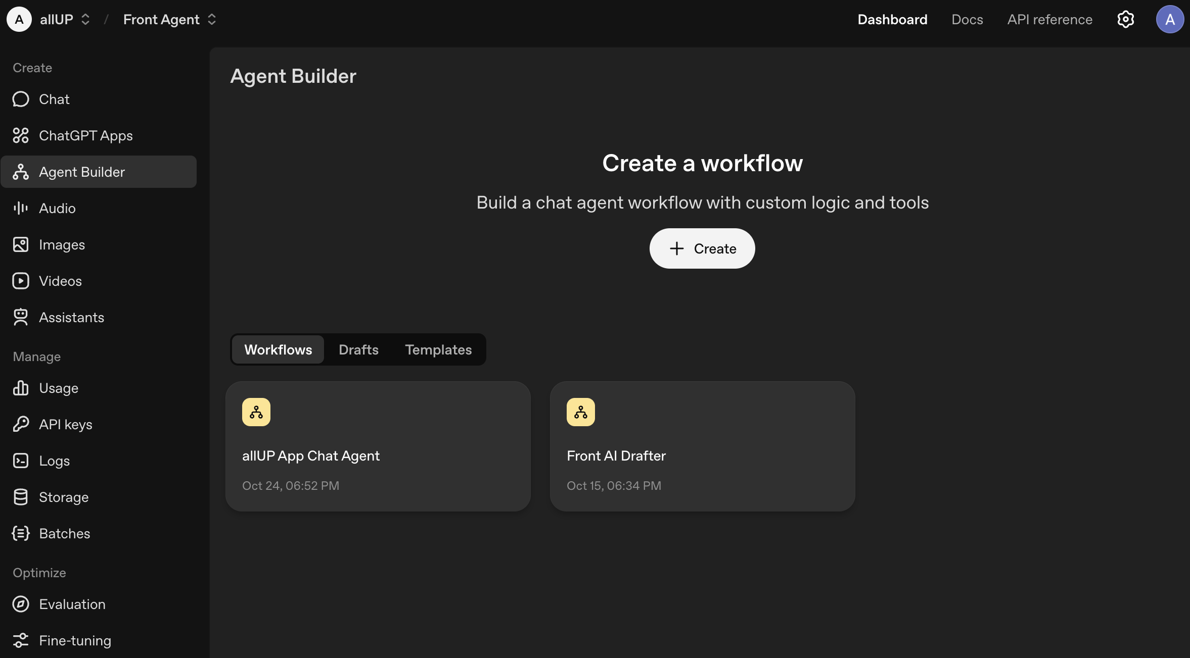 OpenAI Agent Builder dashboard